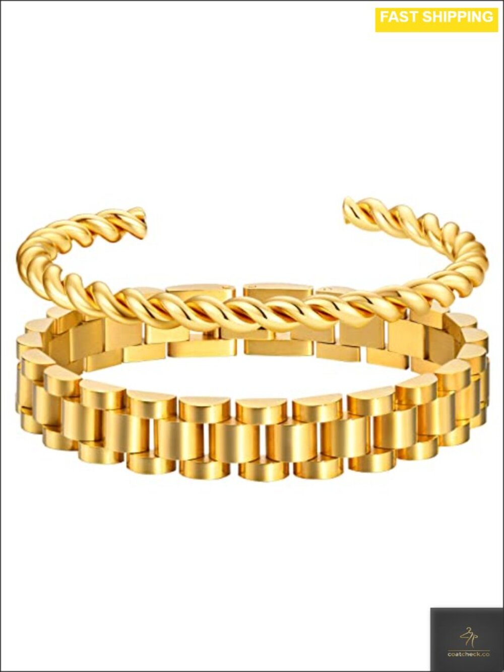 2pc 18K Gold Plated Chain Link Bracelet Set Stainless Steel Crystal Friendship
